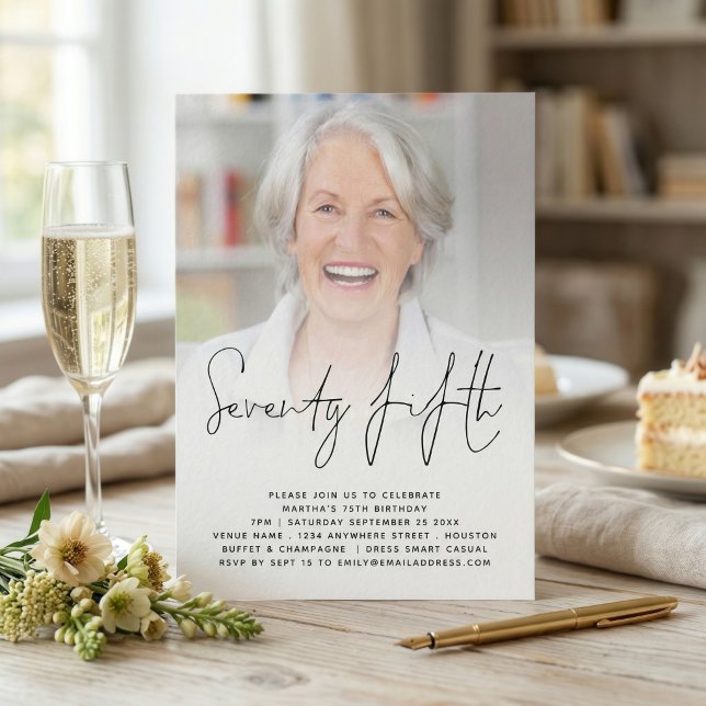 Modern Script Photo 75th Birthday Party Invitation (Creator Uploaded)