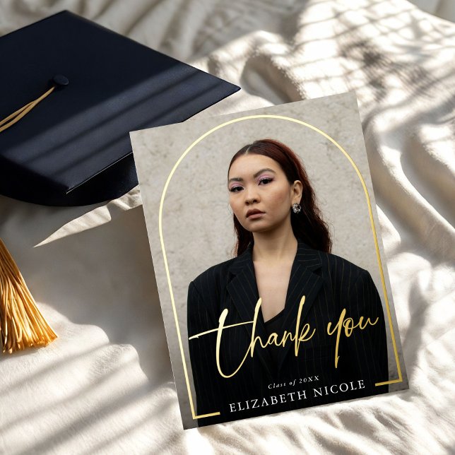 Modern Script  Photo Arch Graduation Thank You Foil Invitation Postcard (Creator Uploaded)