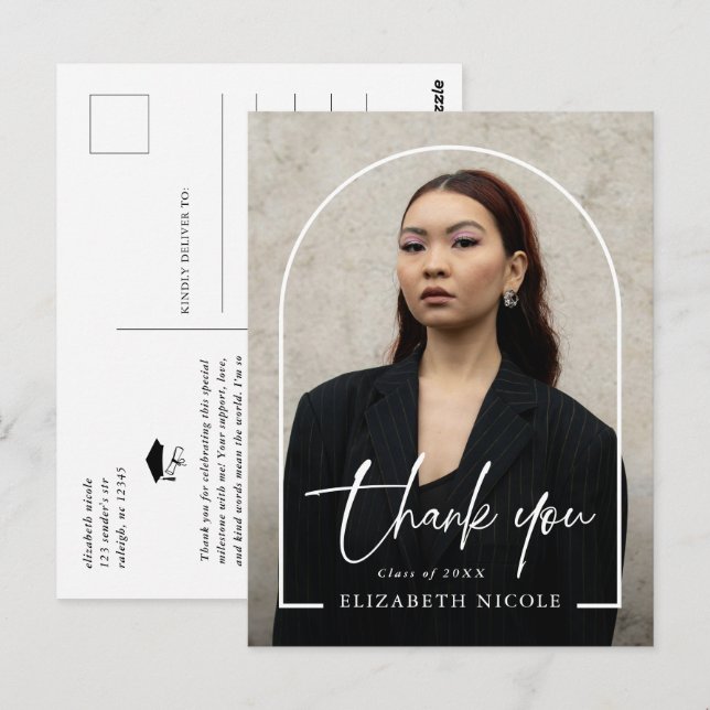 Modern Script  Photo Arch Graduation Thank You Postcard (Front/Back)