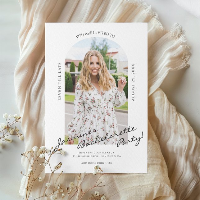 modern script  photo bachelorette Invitation  (bachelorette party invitation in a modern photo minimalist style , tie the knot in style )