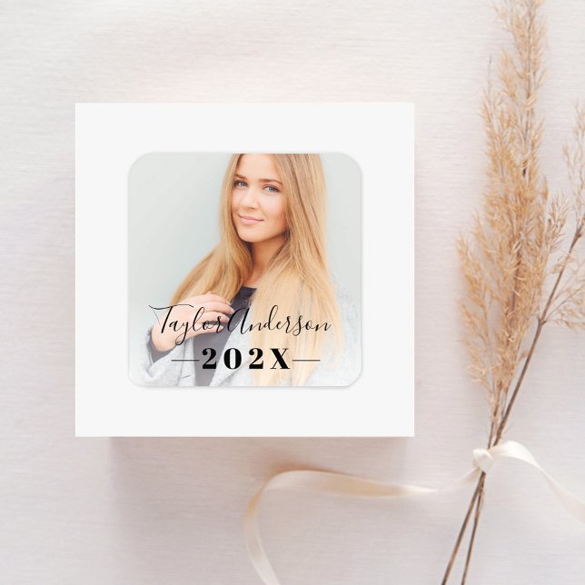 Modern Script Photo Black Class of 2026 Graduation Square Sticker (Creator Uploaded)