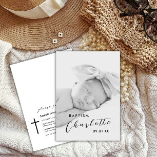 Modern Script Photo Black Cross Baptism Invitation