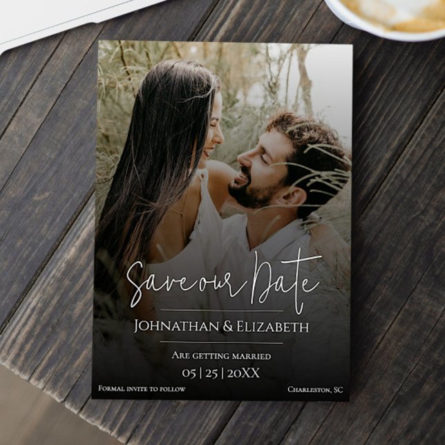 Modern Script Photo Black Overlay Save The Date (Modern Script Photo with Black Overlay Save the Date)