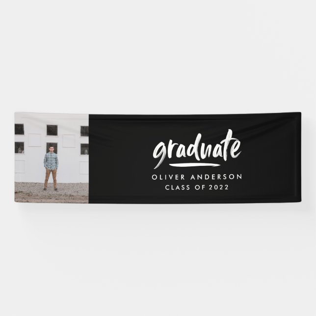 Modern script photo black white elegant graduation banner (Horizontal)