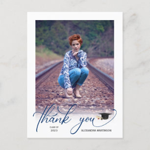 Modern Script Photo Blue Graduation Thank You Postcard