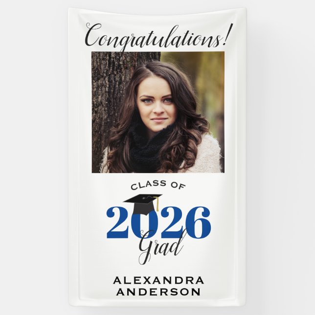 Modern Script Photo Blue Vertical Graduation Banner (Vertical)