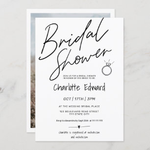 Modern script photo bridal shower ring black white invitation