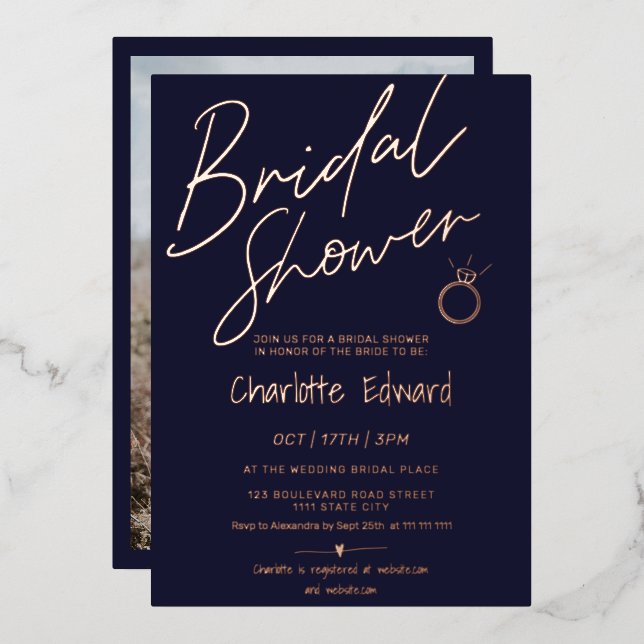 Modern script photo bridal shower ring rose gold (Front/Back)