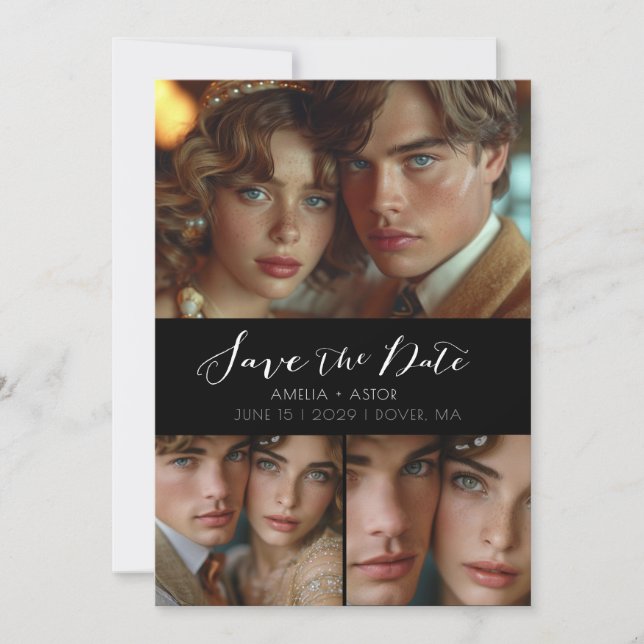 Modern Script Photo Collage Black White  Save The Date (Front)