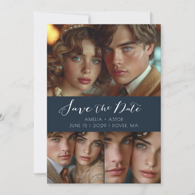 Modern Script Photo Collage Dusty Blue  Save The Date (Front)