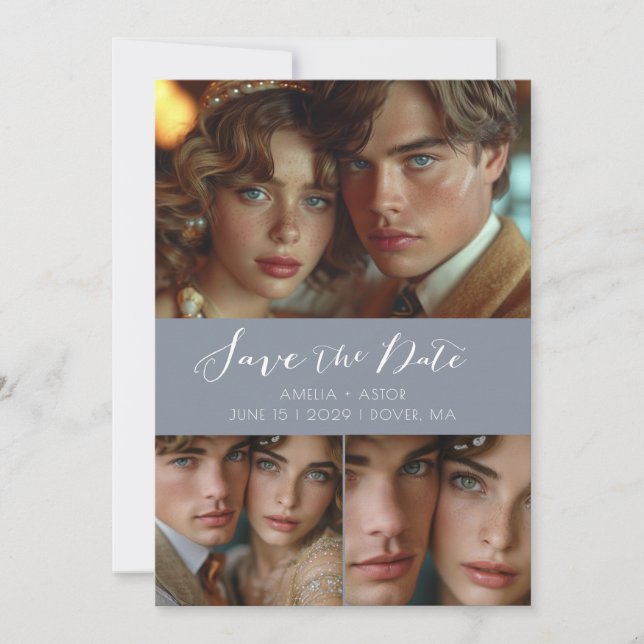 Modern Script Photo Collage Dusty Blue  Save The Date (Front)