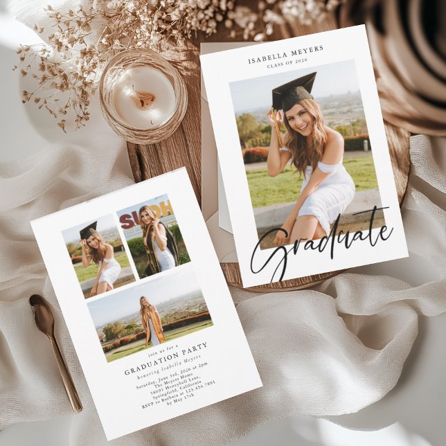 Modern Script Photo Collage Graduation Invitation (Creator Uploaded)