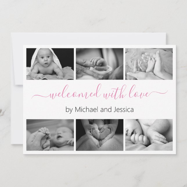 Modern Script Photo Collage New Baby Birth Announcement (Back)