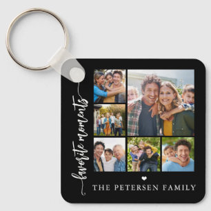 Modern script photo collage personalized black keychain