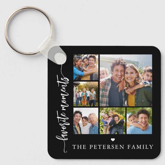 Modern script photo collage personalized black keychain (Front)
