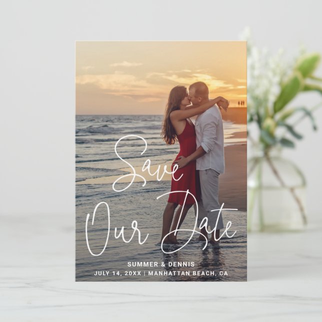 Modern Script Photo Elegant Wedding Save The Date (Standing Front)