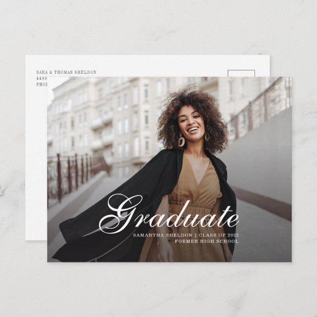 Modern Script Photo Graduation Announcement Postcard (Front/Back)