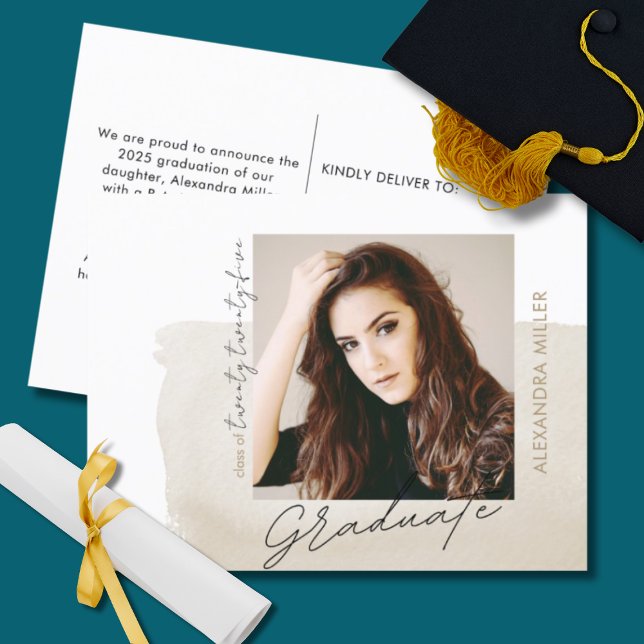 Modern Script Photo Graduation Announcement Postcard (Creator Uploaded)