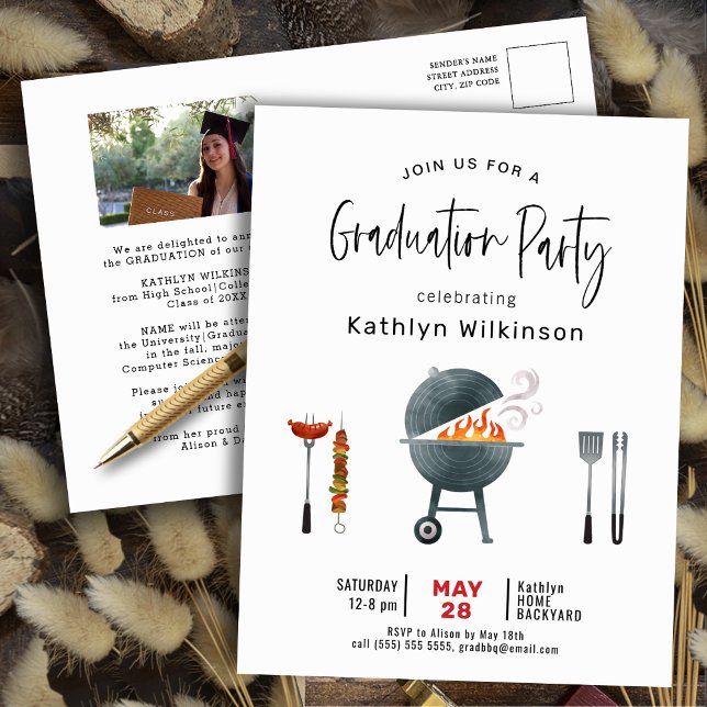 Modern Script Photo Graduation BBQ Invitation Postcard (Creator Uploaded)
