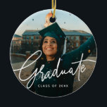Modern Script Photo Graduation Ceramic Ornament<br><div class="desc">This simple,  minimalistic,  and modern Graduation design. Personalize it for your needs. You can customize this further by clicking on the "PERSONALIZE" button. Photo provided by Unsplash. Please replace it with your own media.</div>