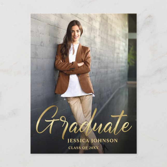 Modern Script PHOTO Graduation Party Invitation Postcard (Front)