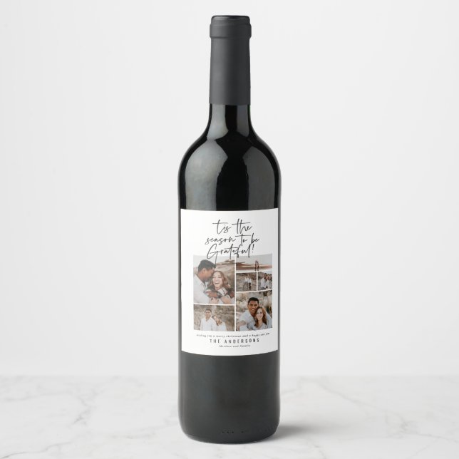 modern script photo grateful holiday wine label (Front)