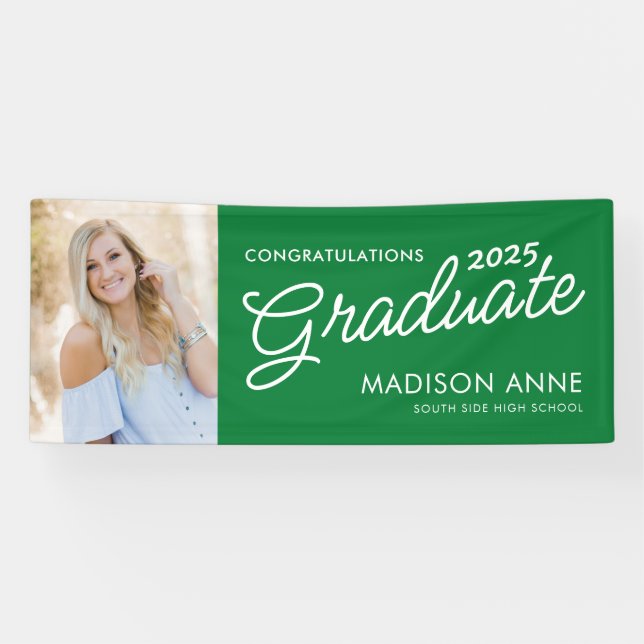 Modern Script Photo Green Graduation Banner (Horizontal)