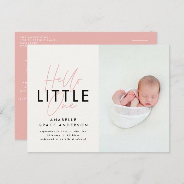 Modern script photo hello little one announcement postcard (Front/Back)