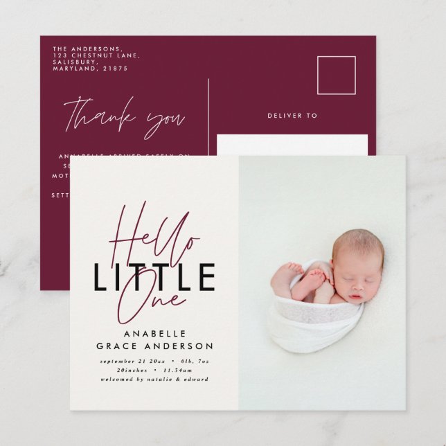 Modern script photo hello little one announcement postcard (Front/Back)