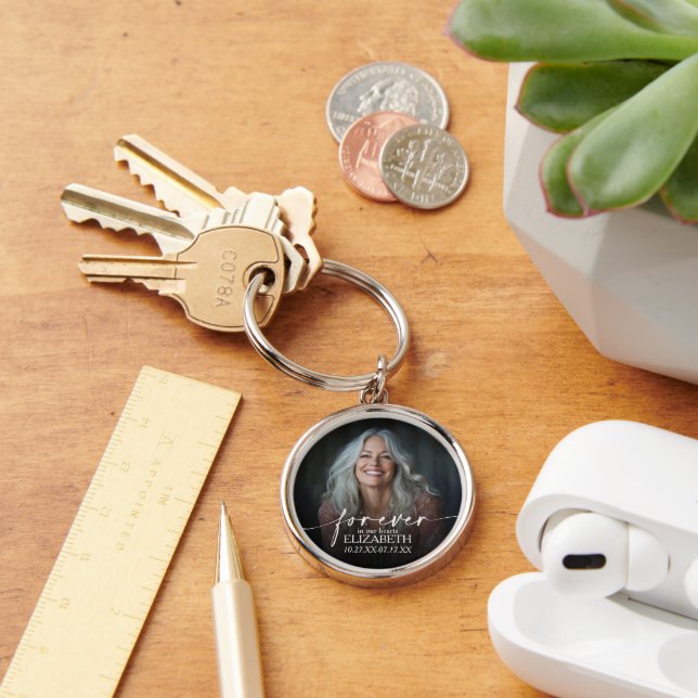 Modern Script Photo Memorial Forever in our Hearts Keychain (Desk)