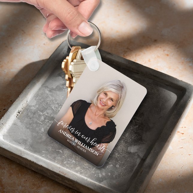 Modern Script Photo Memorial Forever in our Hearts Keychain (Modern script Forever in Our Hearts photo memorial double-sided keychain)