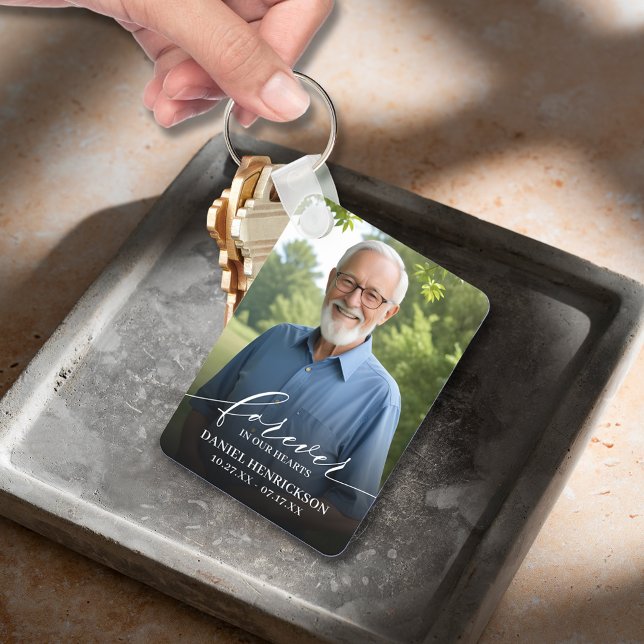Modern Script Photo Memorial Forever in our Hearts Keychain (Modern script Forever in Our Hearts photo memorial double-sided keychain)