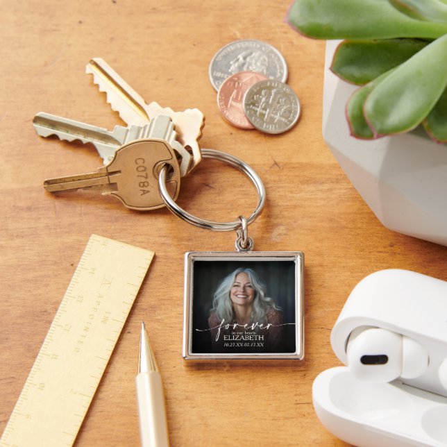 Modern Script Photo Memorial Forever in our Hearts Keychain (Desk)