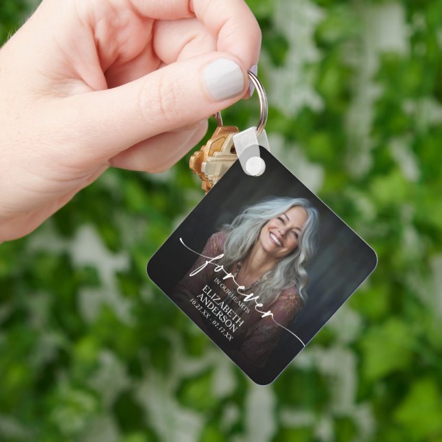 Modern Script Photo Memorial Forever in our Hearts Keychain (Hand)