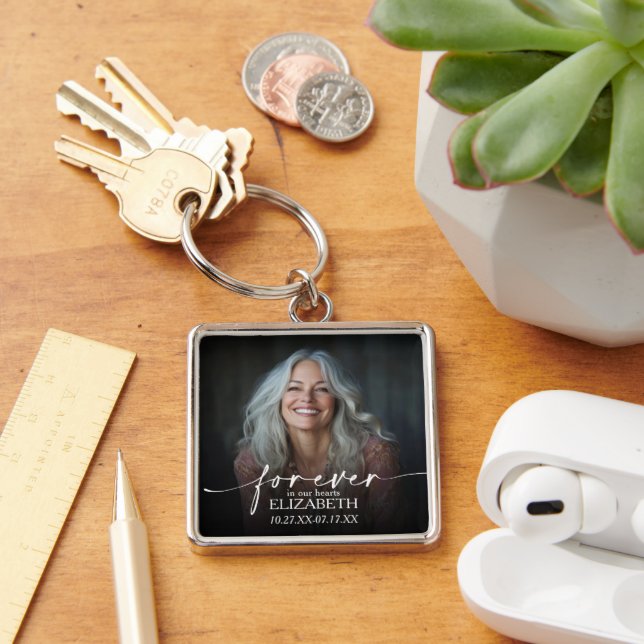 Modern Script Photo Memorial Forever in our Hearts Keychain (Desk)