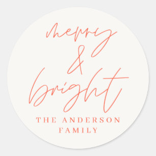 Modern script photo merry & bright red christmas classic round sticker