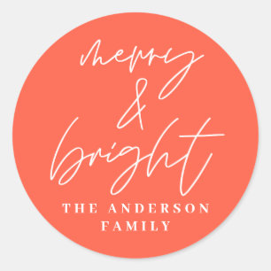 Modern script photo merry & bright red christmas classic round sticker
