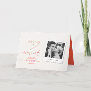Modern script photo merry & married red christmas note card