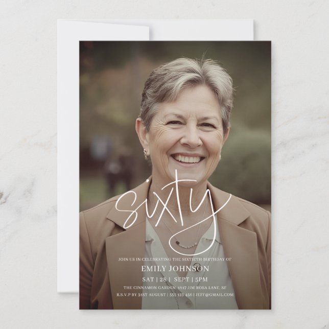 Modern Script Photo Minimal 60th Birthday Invitation (Front)