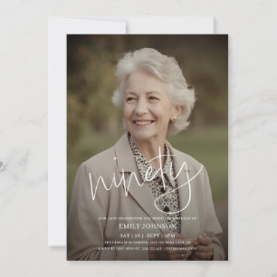 Modern Script Photo Minimal 90th Birthday Invitation