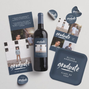 Modern script photo navy blue graduation wine label