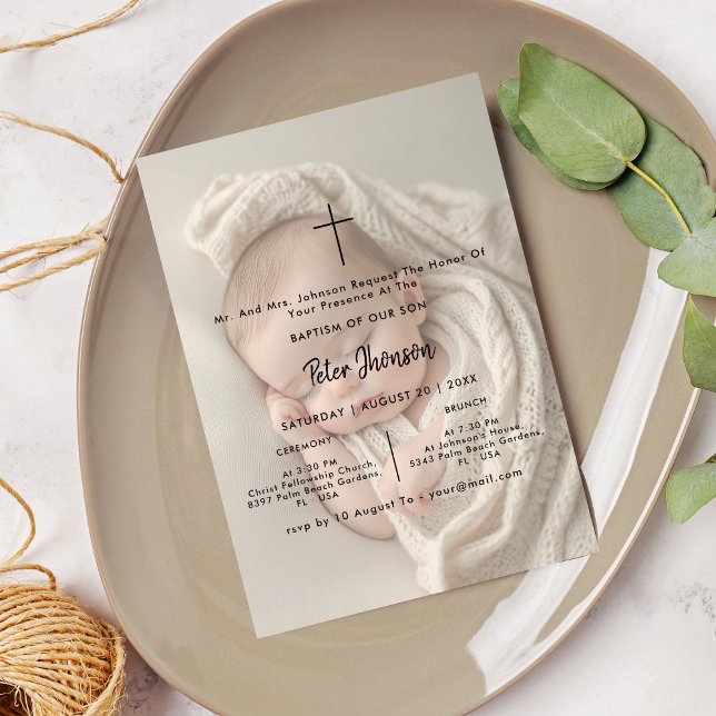 Modern Script Photo Overlay Gender Neutral Baptism Invitation (Creator Uploaded)