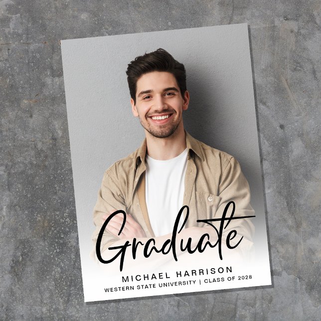 Modern Script Photo Overlay Graduation Announcement (A modern photo collage graduation announcement to celebrate the graduate's achievements)