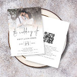 Modern Script Photo Overlay QR Code Wedding  Invitation<br><div class="desc">Modern Script Photo Overlay QR Code Wedding Invitation. Add your QR code to your wedding website on the back so your guests can RSVP and see all the details online without the need for separate enclosures.. An informal set typography in black for the main heading the Wedding Of complementing the...</div>
