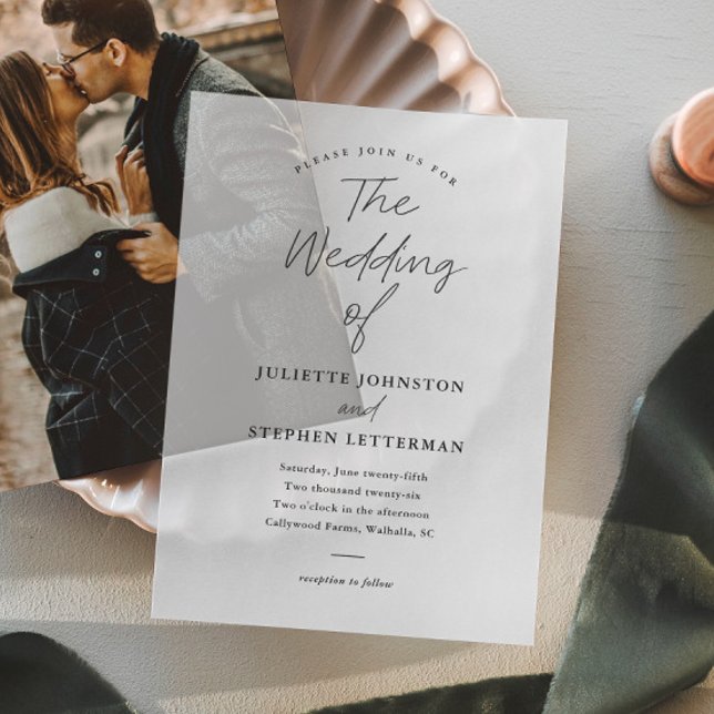 Modern Script Photo Overlay Wedding Vellum Invitations (Modern handwritten script wedding vellum invitation.)