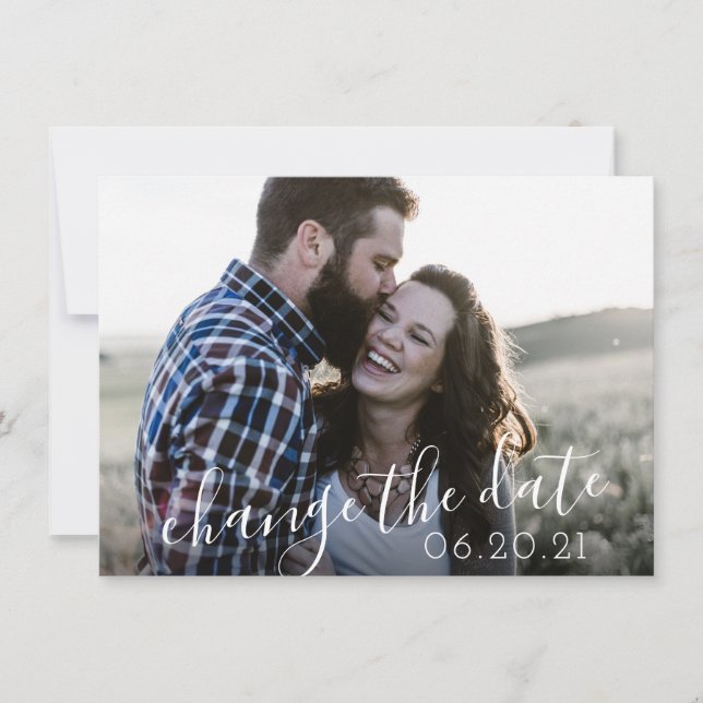 Modern Script Photo Postponement Wedding Save The Date (Front)