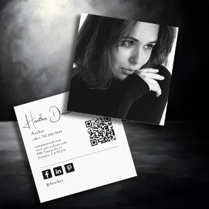 Modern Script Photo QR Code Author Writer Square Business Card