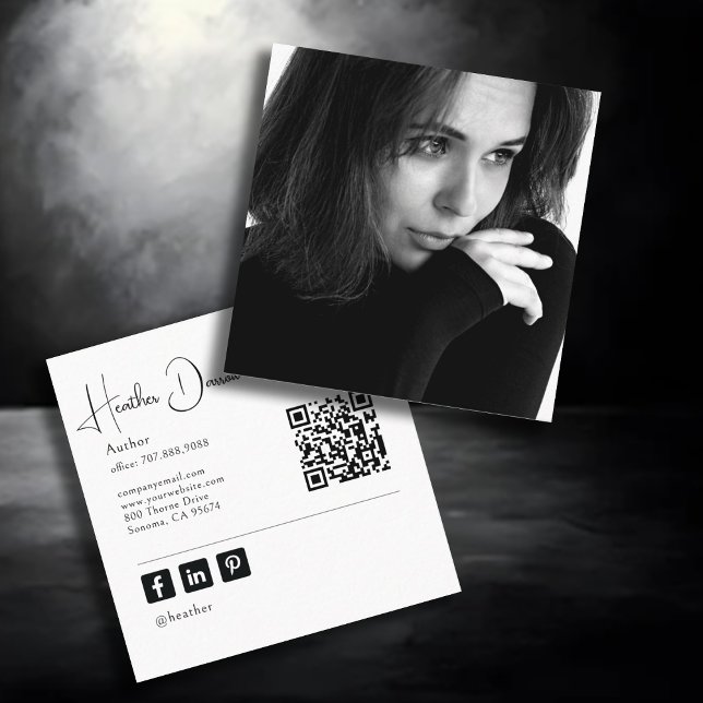 Modern Script Photo QR Code Author Writer Square Business Card (Creator Uploaded)