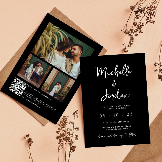 Modern Script Photo QR Code Black Wedding Invitation (Creator Uploaded)