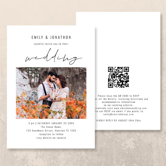 Modern Script Photo QR Code Wedding Invitation (Creator Uploaded)